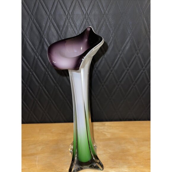 Mid Century Modern Art Glass Swung Vase Green White Purple Ombre Design - Picture 2 of 16